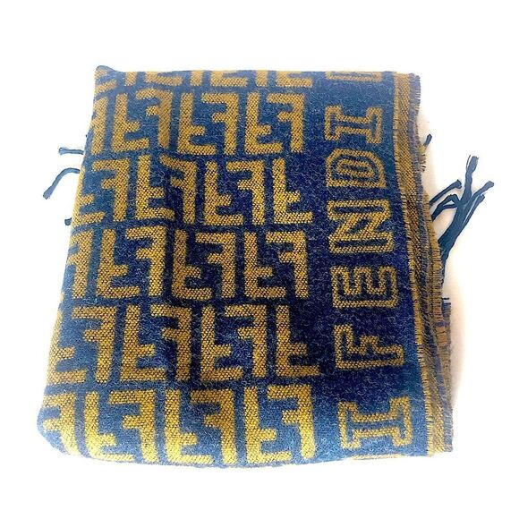 FENDI Navy Blue Tan Wool Silk Scarf with Decorative Tassels NWOT - Picture 8 of 11